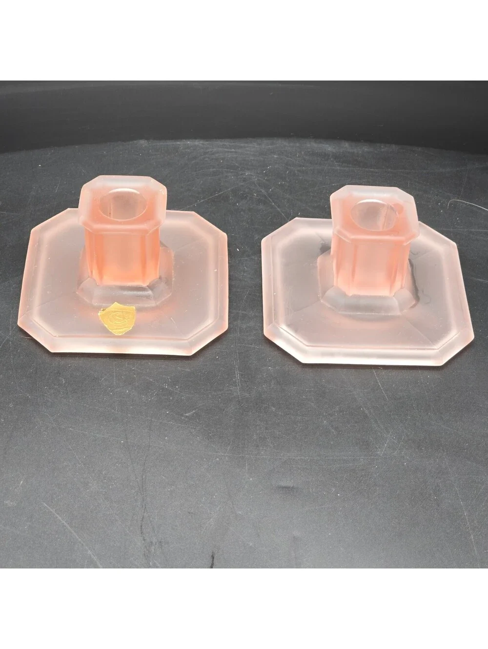 Vintage Tiffin Pink Satin Frosted Candlestick Holders Pair WITH ORIGINAL LABEL